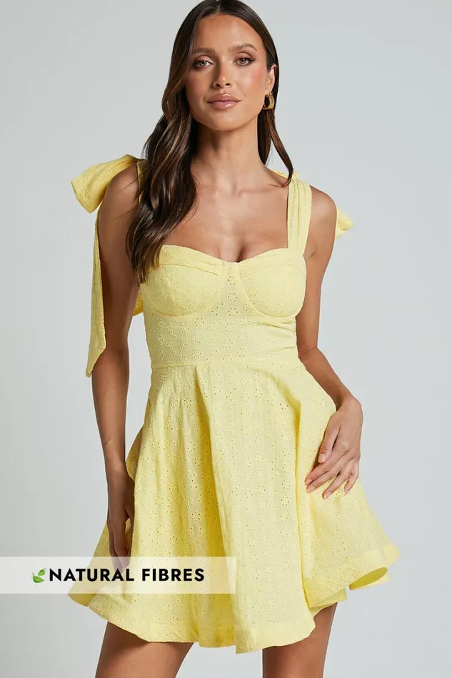 Clyde Mini Dress 8211 Sweetheart Tie Strap Broderie Anglaise Dress In Lemon Women Showpo Conscious