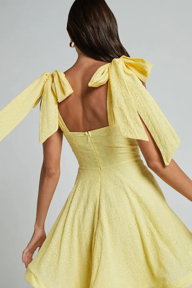 Clyde Mini Dress 8211 Sweetheart Tie Strap Broderie Anglaise Dress In Lemon Women Showpo Conscious