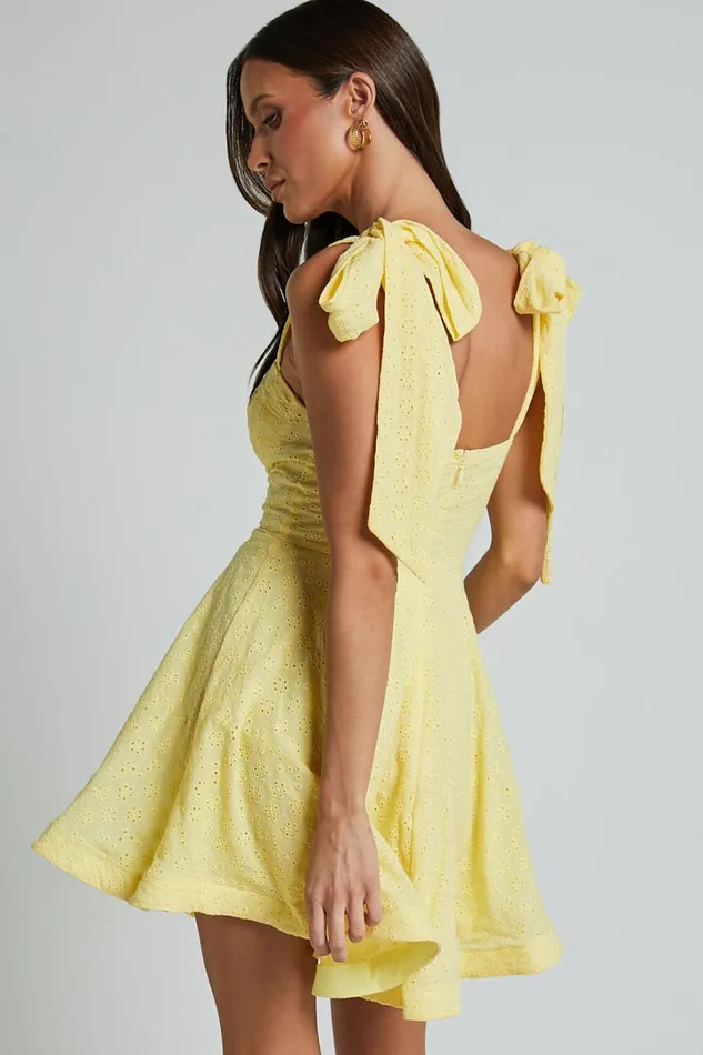 Clyde Mini Dress 8211 Sweetheart Tie Strap Broderie Anglaise Dress In Lemon Women Showpo Conscious