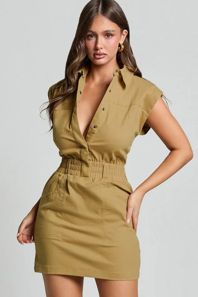 Dana Mini Dress 8211 Collared Button Front Utility Dress In Dessert Taupe Women Showpo Dresses