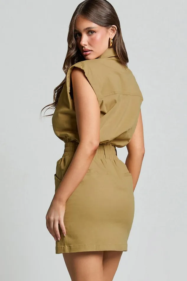 Dana Mini Dress 8211 Collared Button Front Utility Dress In Dessert Taupe Women Showpo Dresses