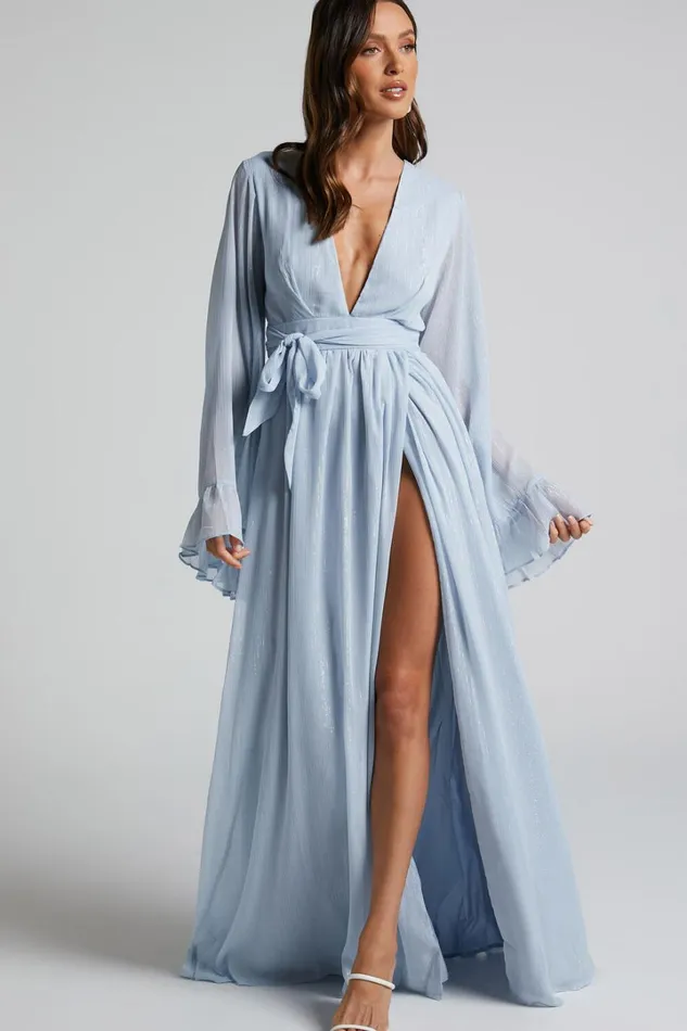 Dangerous Woman Maxi Dress 8211 Plunge Thigh Split Dress In Light Blue Women Showpo Curve Clothes