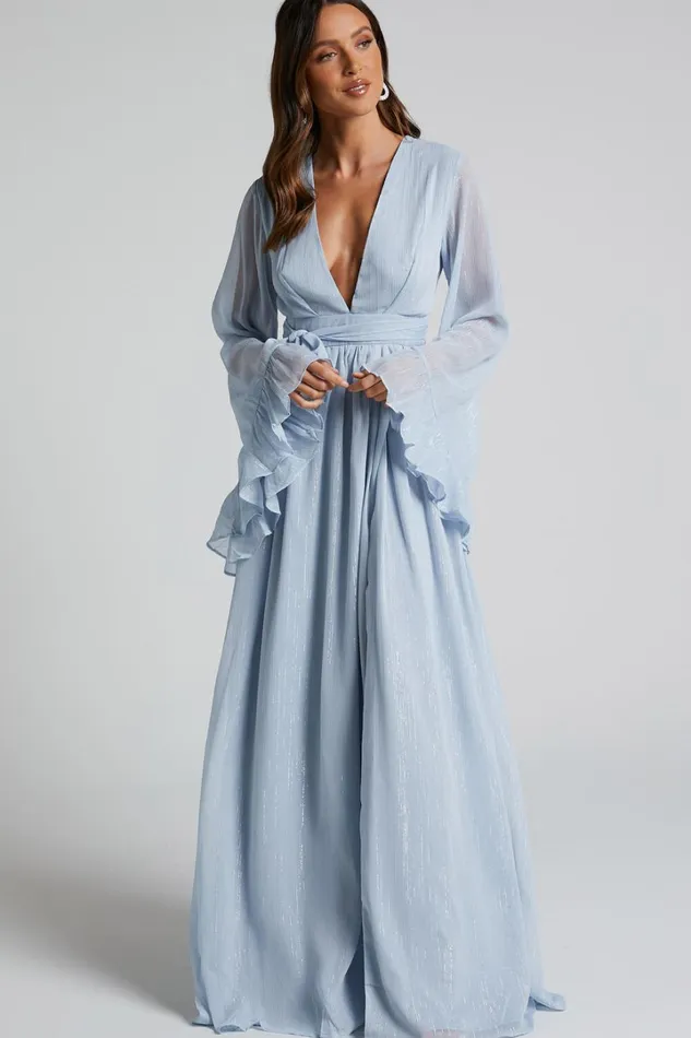 Dangerous Woman Maxi Dress 8211 Plunge Thigh Split Dress In Light Blue Women Showpo Curve Clothes