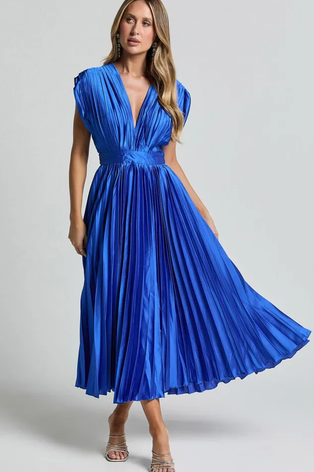 Della Midi Dress 8211 Plunge Neck Short Sleeve Pleated Dress In Cobalt Women Showpo Dresses Della Midi Dress 8211 Plunge Neck Short Sleeve Pleated Dress In Cobalt Women Showpo Dresses