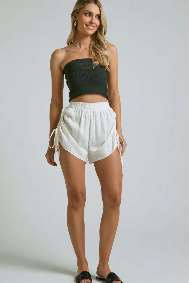 Dexie Shorts 8211 Linen Look Elastic High Waisted Ruched Tie Shorts In White Women Showpo Shorts