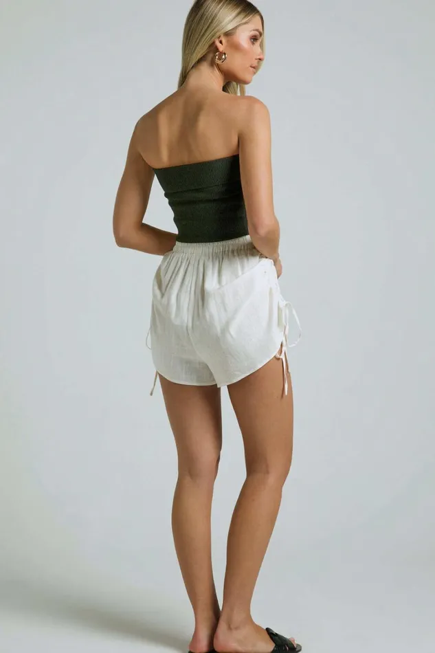 Dexie Shorts 8211 Linen Look Elastic High Waisted Ruched Tie Shorts In White Women Showpo Shorts