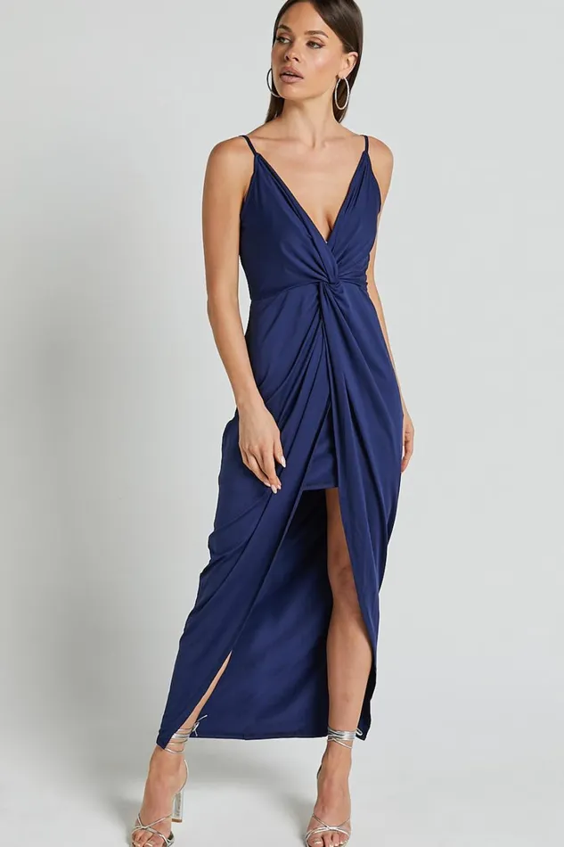 Dominique Midi Dress 8211 V Neck Twist Front Jersey Dress In Navy Women Showpo Dresses