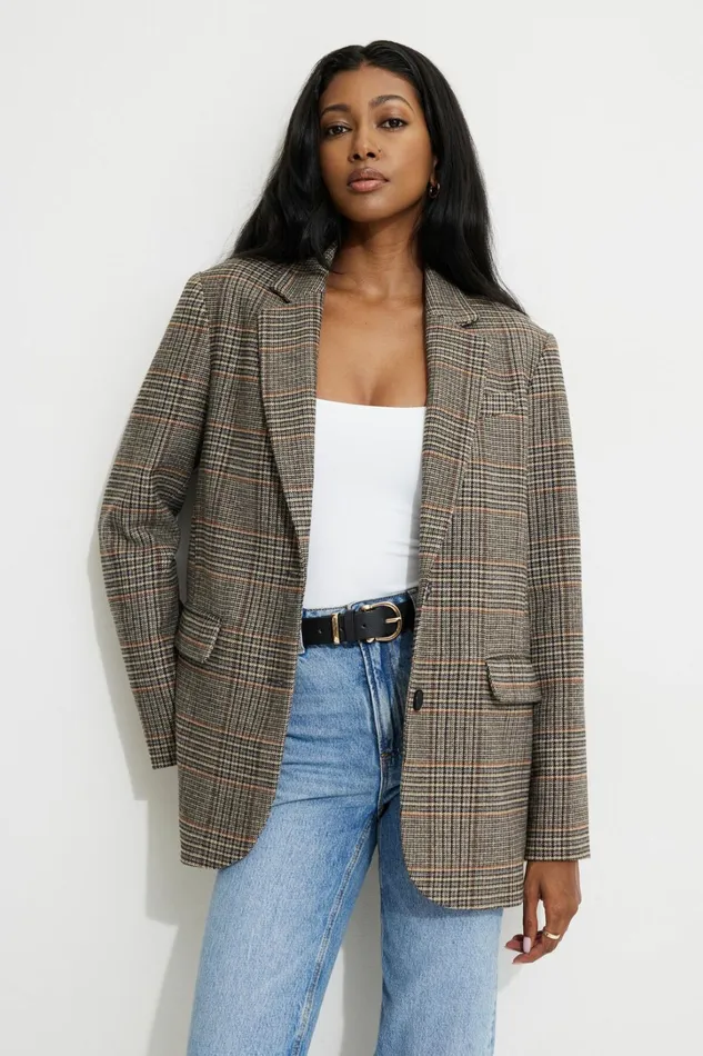 Dynamite Blazers and Vests Women Diana Plaid Oversized Blazer Brown