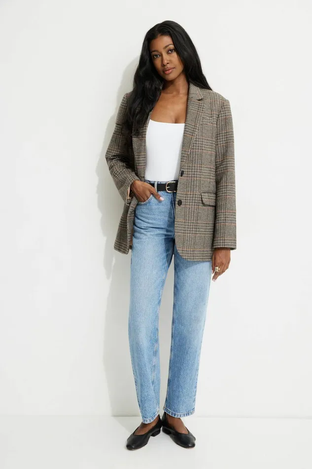 Dynamite Blazers and Vests Women Diana Plaid Oversized Blazer Brown