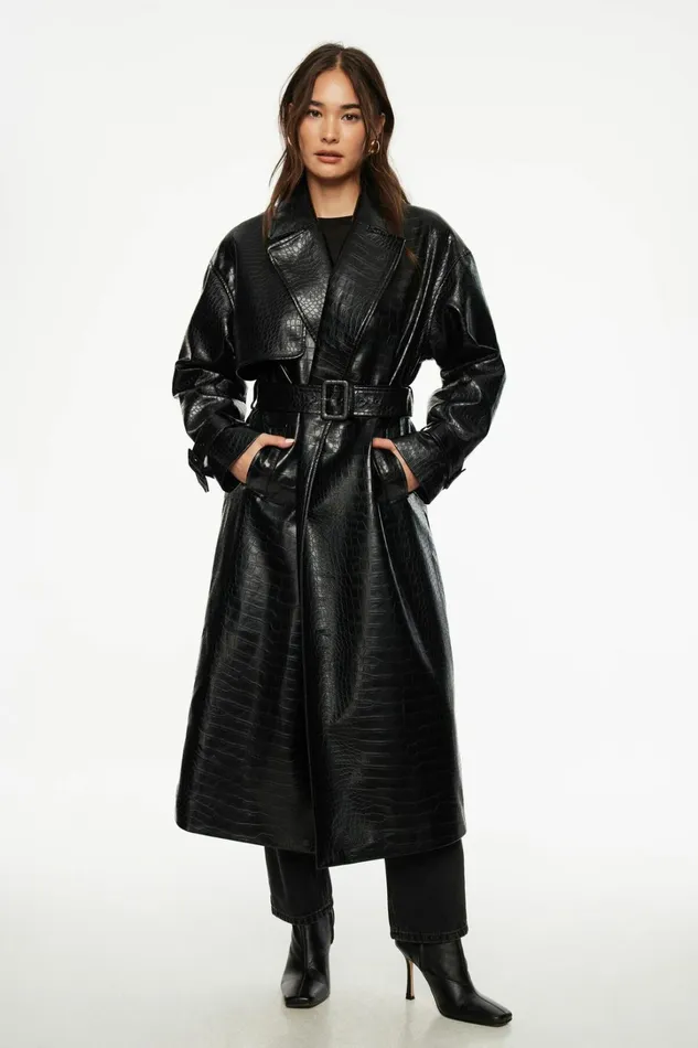 Dynamite Coats and Jackets Women Crocodile Faux Leather Military Trench Coat Black
