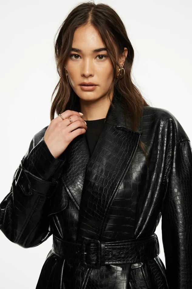 Dynamite Coats and Jackets Women Crocodile Faux Leather Military Trench Coat Black