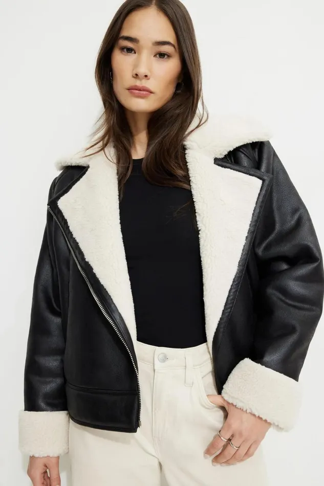 Dynamite Coats and Jackets Women Sherpa Faux Leather Aviator Jacket BLACK