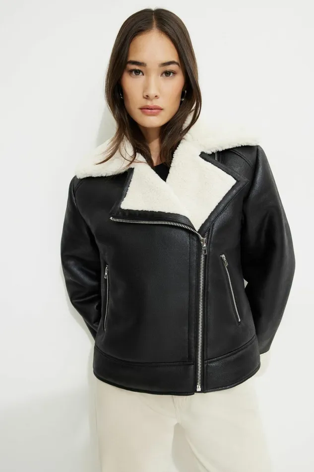 Dynamite Coats and Jackets Women Sherpa Faux Leather Aviator Jacket BLACK