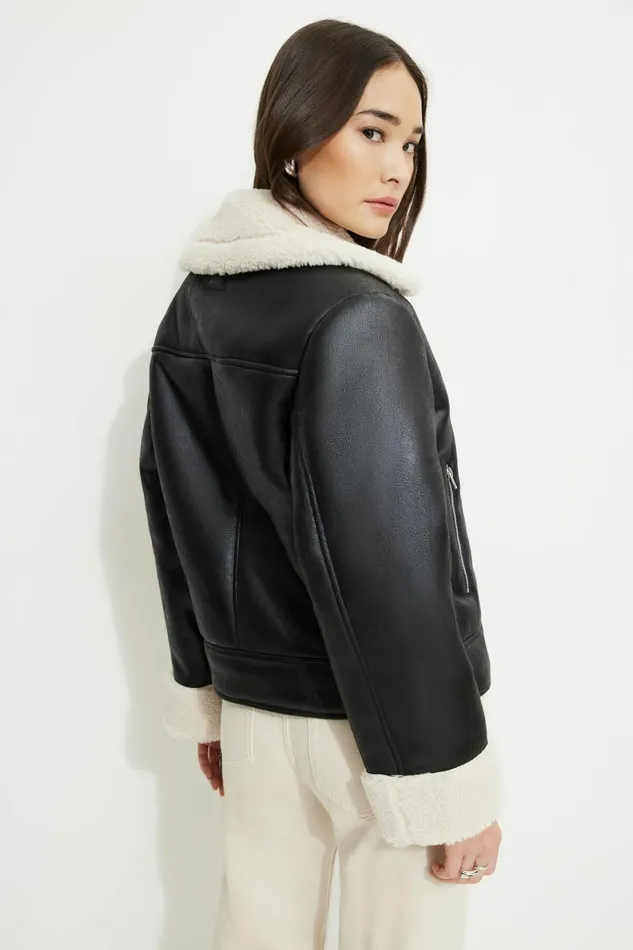 Dynamite Coats and Jackets Women Sherpa Faux Leather Aviator Jacket BLACK