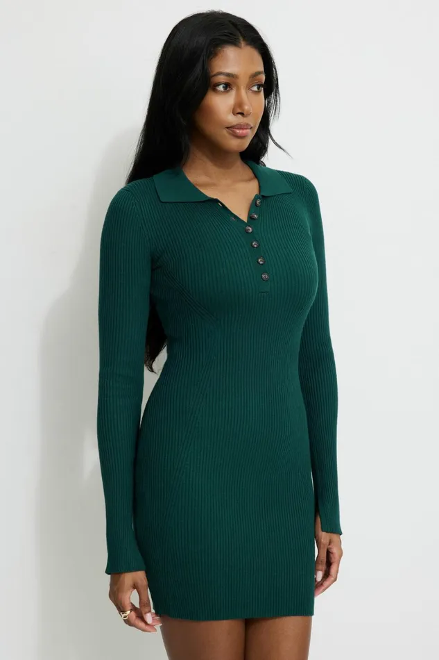 Dynamite Dresses and Jumpsuits Women Ribbed Polo Mini Dress Green