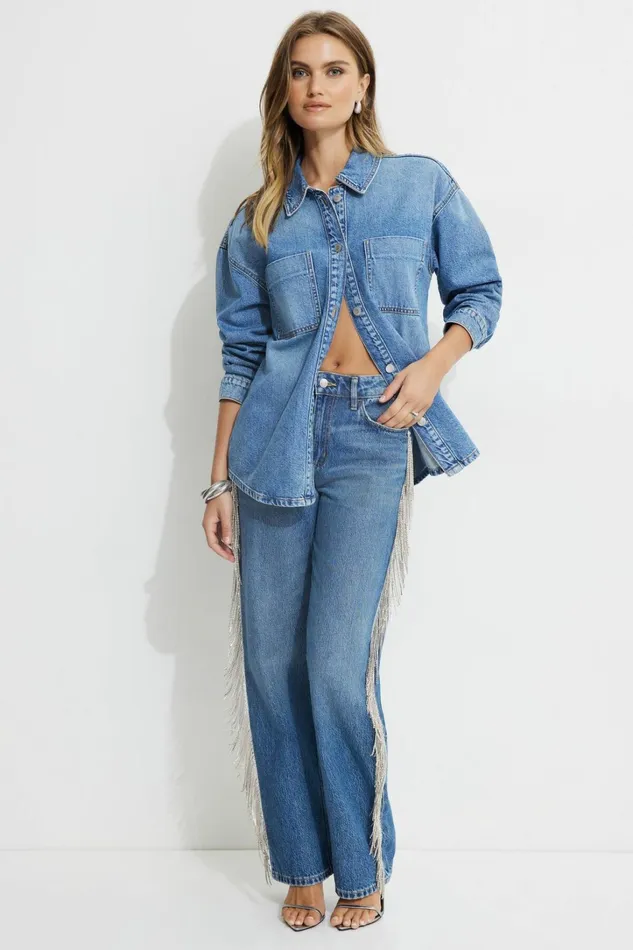 Dynamite Jeans and Denim Women Mika Rhinestone Fringe Relaxed Straight Jeans Blue