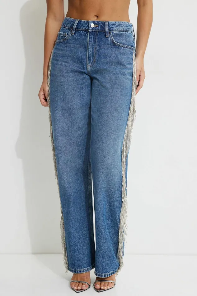 Dynamite Jeans and Denim Women Mika Rhinestone Fringe Relaxed Straight Jeans Blue