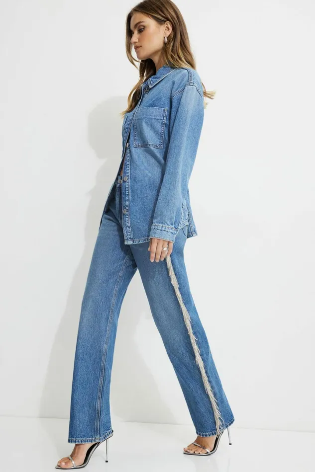 Dynamite Jeans and Denim Women Mika Rhinestone Fringe Relaxed Straight Jeans Blue