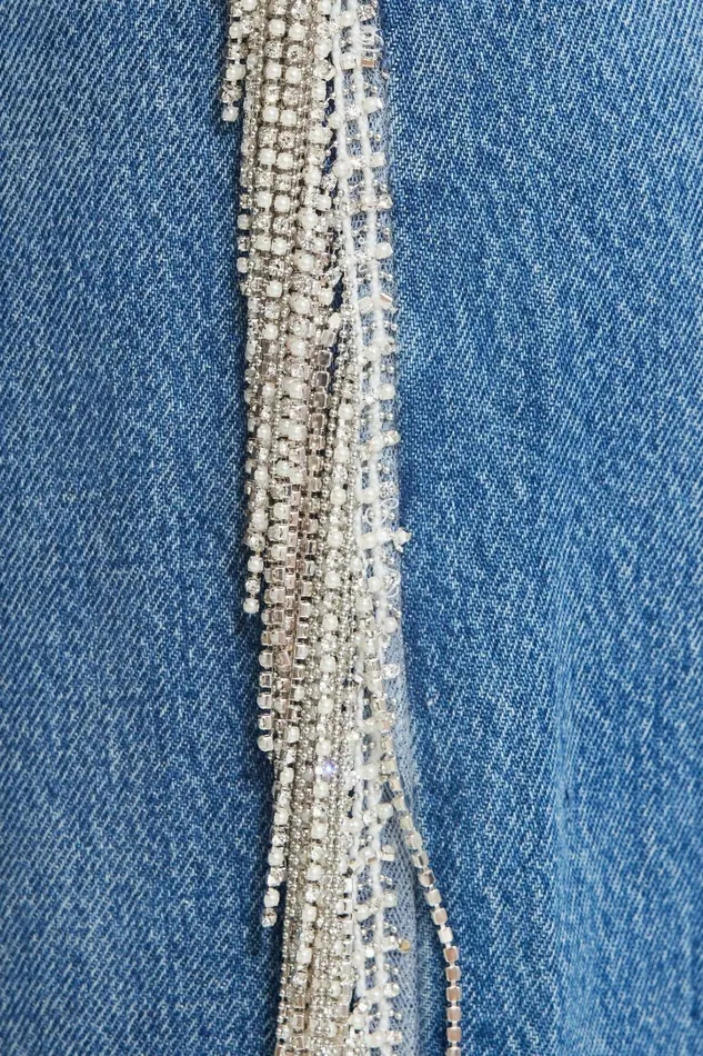 Dynamite Jeans and Denim Women Mika Rhinestone Fringe Relaxed Straight Jeans Blue