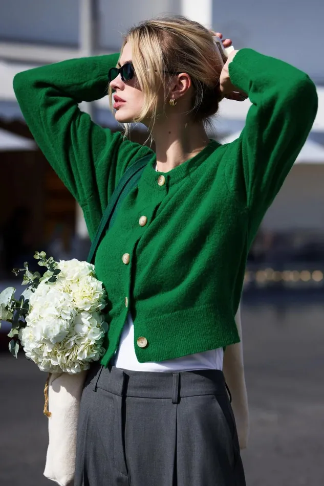 Dynamite Tops Women Heavenlyarn Catherine Crewneck Cardigan Green