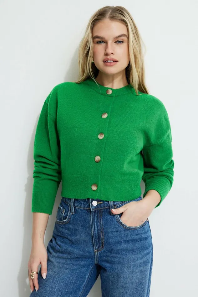Dynamite Tops Women Heavenlyarn Catherine Crewneck Cardigan Green