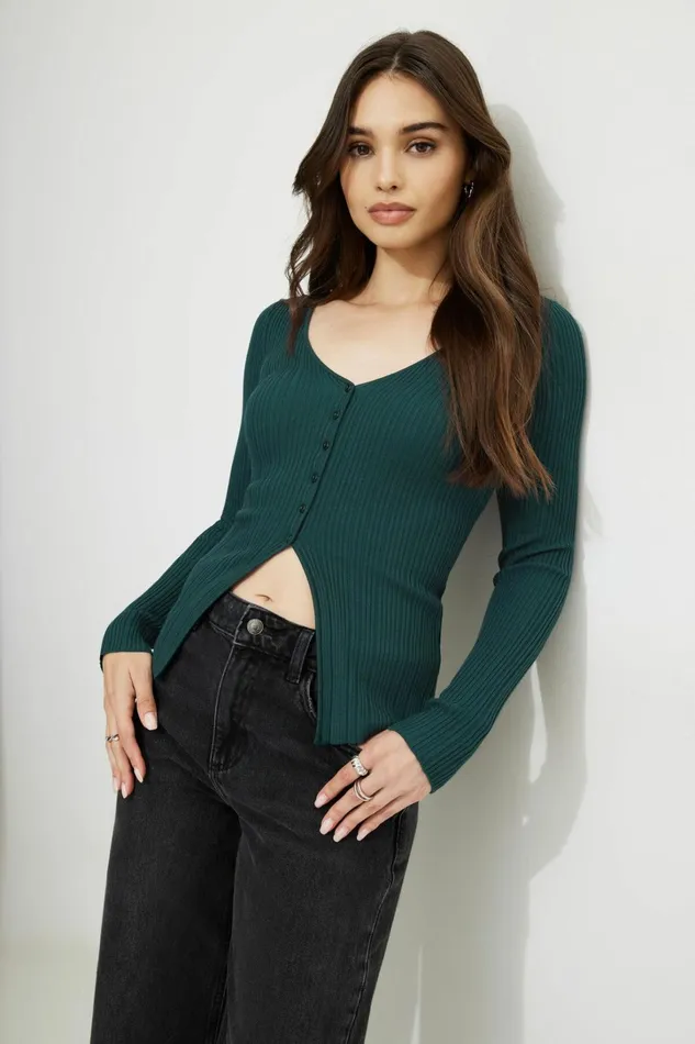 Dynamite Tops Women Ribbed Flyaway Cardigan Green