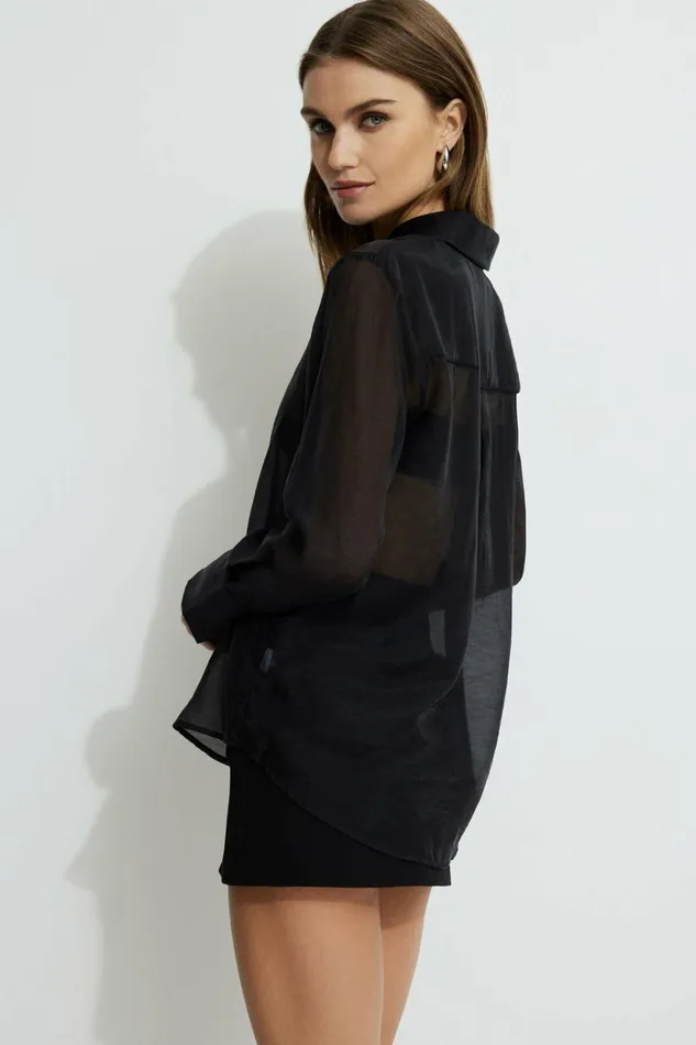 Dynamite Tops Women Sheer Relaxed Shirt Black