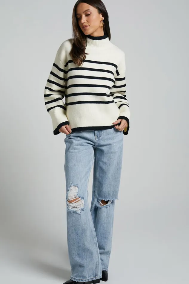 Ehliza Jumper 8211 Mock Neck Wide Sleve Knit Jumper In Cream Black Women Showpo Sweaters and Cardigans