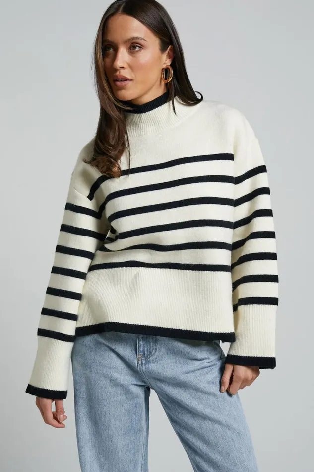 Ehliza Jumper 8211 Mock Neck Wide Sleve Knit Jumper In Cream Black Women Showpo Sweaters and Cardigans