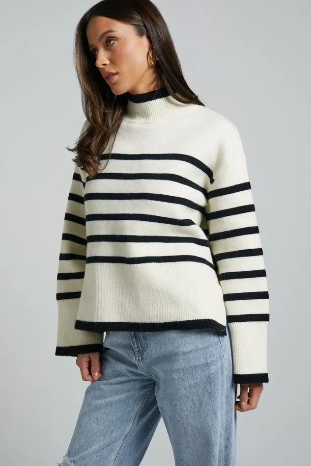 Ehliza Jumper 8211 Mock Neck Wide Sleve Knit Jumper In Cream Black Women Showpo Sweaters and Cardigans