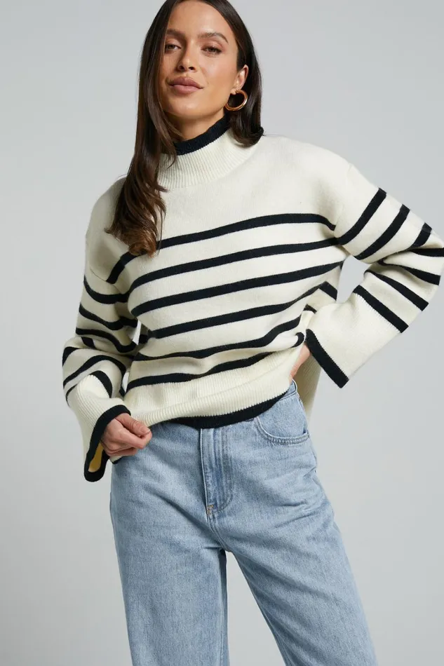 Ehliza Jumper 8211 Mock Neck Wide Sleve Knit Jumper In Cream Black Women Showpo Sweaters and Cardigans