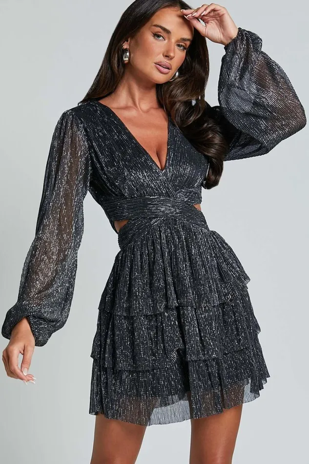 Elaine Mini Dress 8211 Long Sleeve Tiered Plisse Dress In Gunmetal Women Showpo Dresses