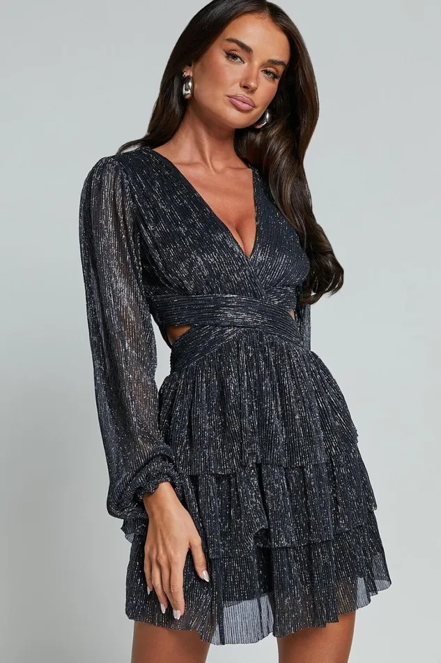 Elaine Mini Dress 8211 Long Sleeve Tiered Plisse Dress In Gunmetal Women Showpo Dresses