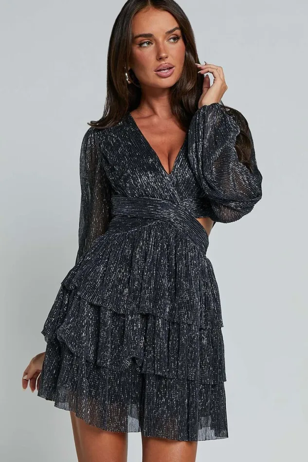 Elaine Mini Dress 8211 Long Sleeve Tiered Plisse Dress In Gunmetal Women Showpo Dresses