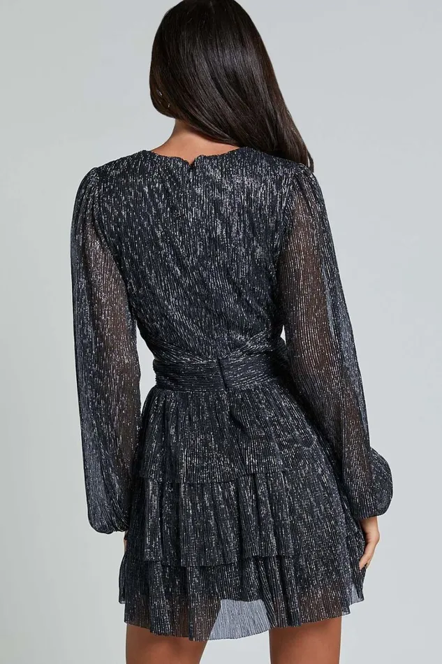 Elaine Mini Dress 8211 Long Sleeve Tiered Plisse Dress In Gunmetal Women Showpo Dresses