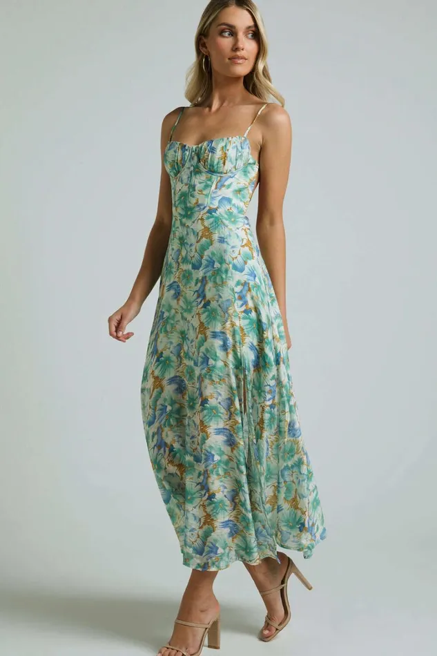 Elenita Midi Dress 8211 Cup Bust Sleeveless Slit Dress In Green Floral Women Showpo Dresses
