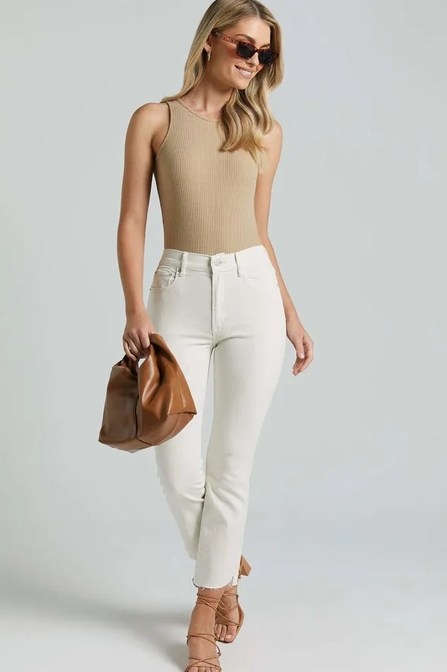 Elizena Jeans 8211 Mid Rise Step Hem Cropped Denim Jeans In Ecru Women Showpo Jeans