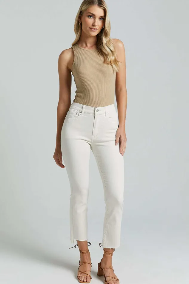 Elizena Jeans 8211 Mid Rise Step Hem Cropped Denim Jeans In Ecru Women Showpo Jeans