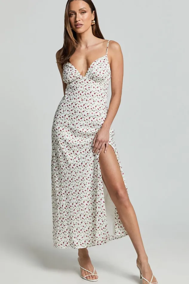 Elle Midi Dress 8211 Ruched Bust Tie Strap Dress In White Floral Women Showpo Curve Clothes