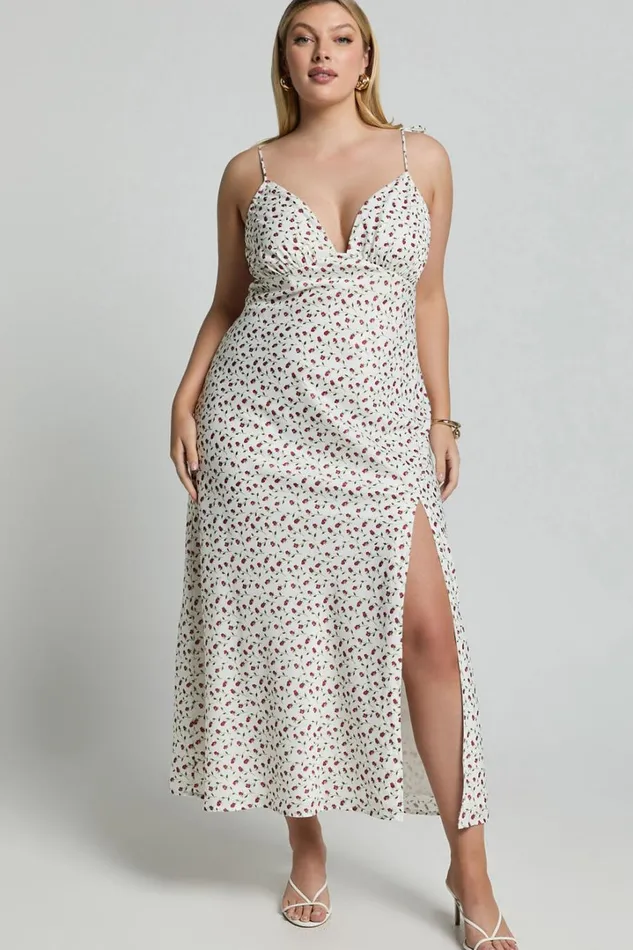 Elle Midi Dress 8211 Ruched Bust Tie Strap Dress In White Floral Women Showpo Curve Clothes