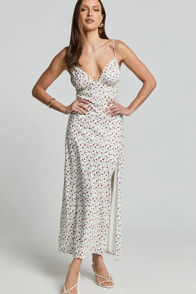 Elle Midi Dress 8211 Ruched Bust Tie Strap Dress In White Floral Women Showpo Curve Clothes