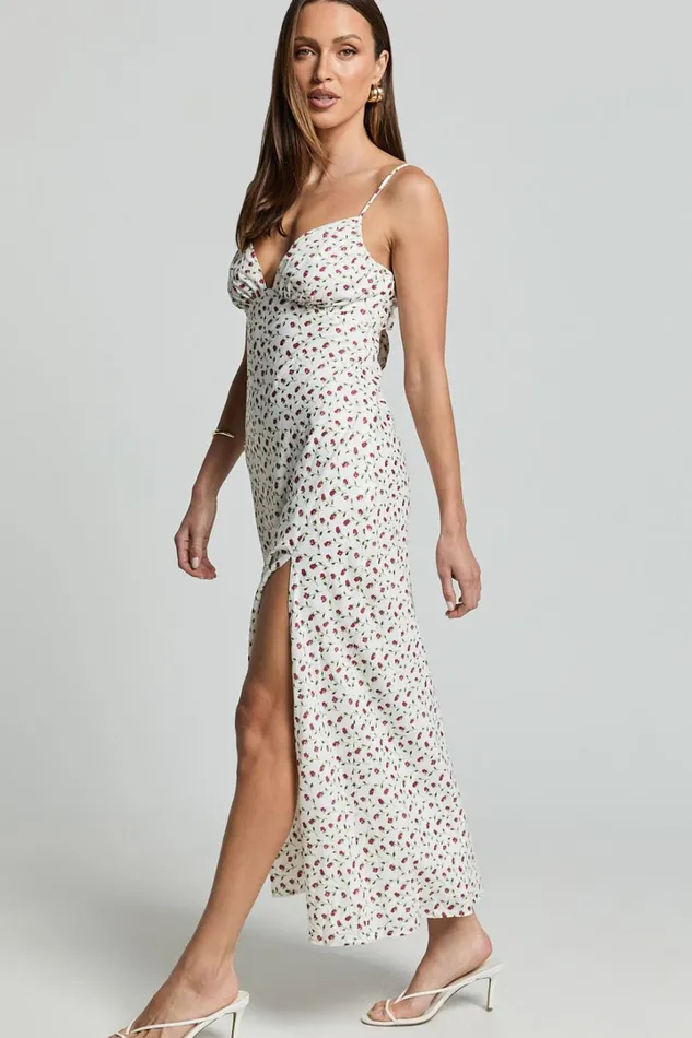 Elle Midi Dress 8211 Ruched Bust Tie Strap Dress In White Floral Women Showpo Curve Clothes