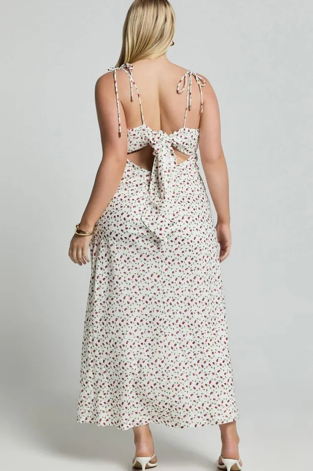 Elle Midi Dress 8211 Ruched Bust Tie Strap Dress In White Floral Women Showpo Curve Clothes