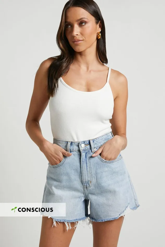 Eloisa Shorts 8211 Recycled Cotton Raw Hem Denim Shorts In Mid Blue Wash Women Showpo Denim