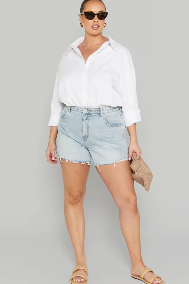 Eloisa Shorts 8211 Recycled Cotton Raw Hem Denim Shorts In Mid Blue Wash Women Showpo Denim