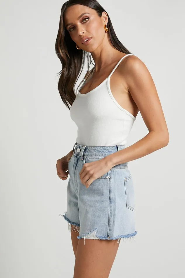 Eloisa Shorts 8211 Recycled Cotton Raw Hem Denim Shorts In Mid Blue Wash Women Showpo Denim