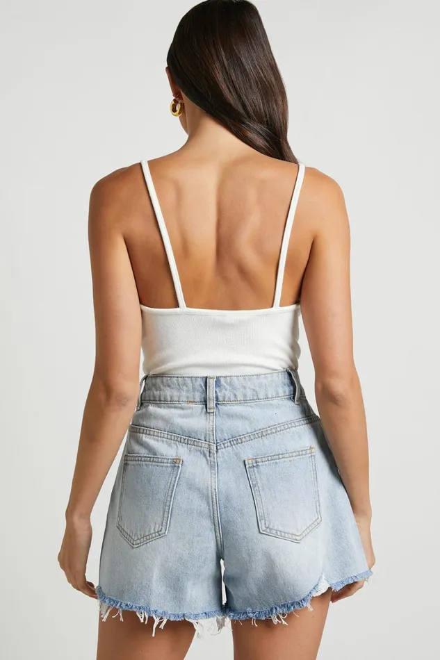 Eloisa Shorts 8211 Recycled Cotton Raw Hem Denim Shorts In Mid Blue Wash Women Showpo Denim