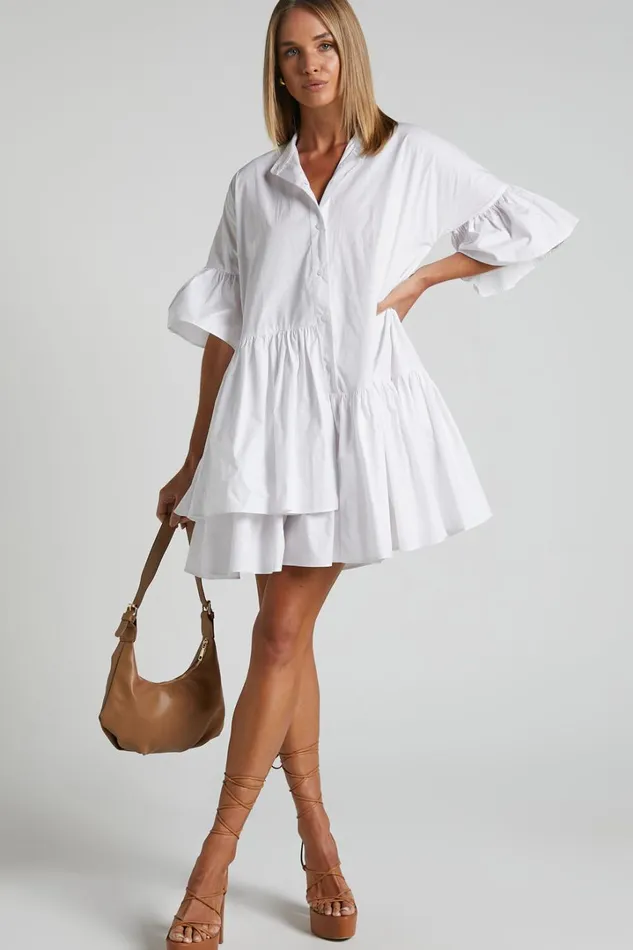 Elowen Mini Dress 8211 Button Up Asymmetrical Tiered Smock Dress In White Women Showpo Maternity Clothes