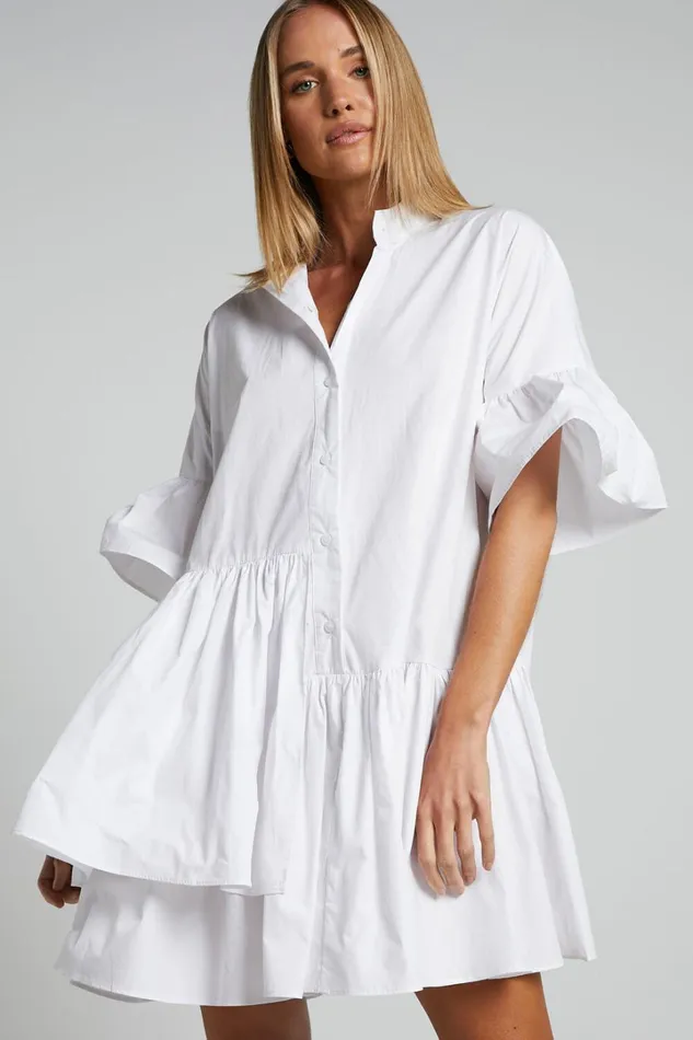 Elowen Mini Dress 8211 Button Up Asymmetrical Tiered Smock Dress In White Women Showpo Maternity Clothes