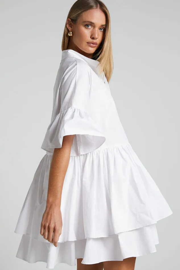 Elowen Mini Dress 8211 Button Up Asymmetrical Tiered Smock Dress In White Women Showpo Maternity Clothes